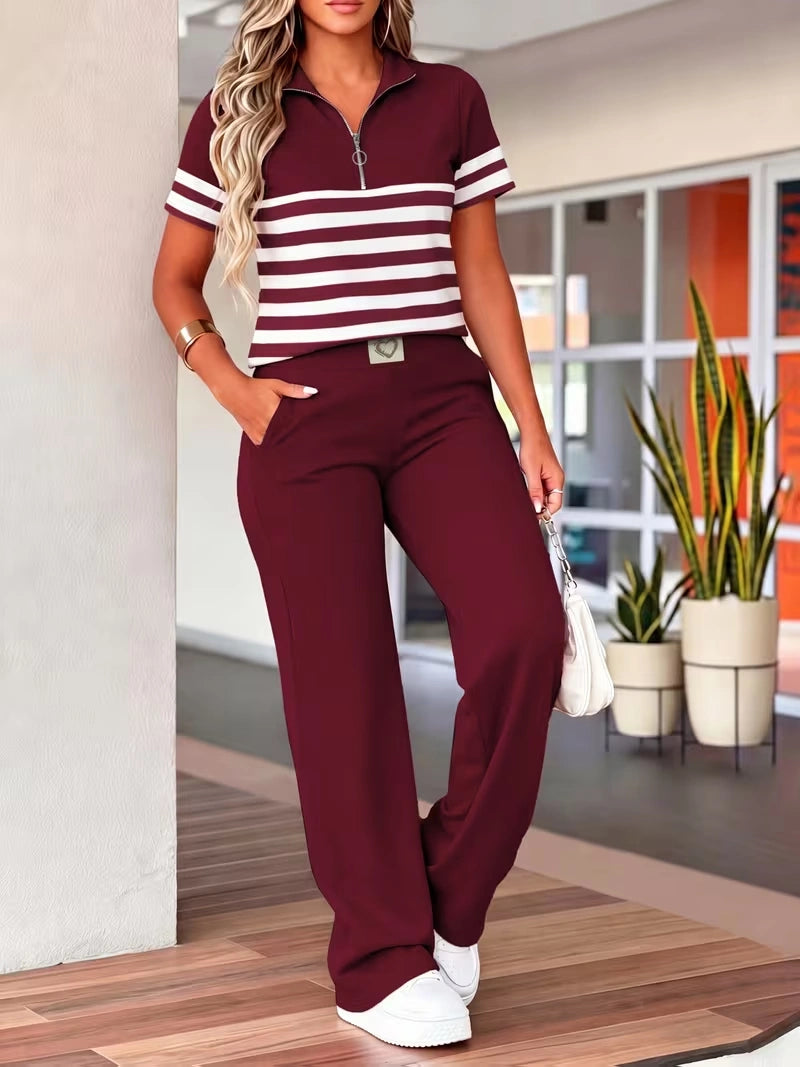 Women's Summer Striped Casual Co-Ord Set | Half-Zip Polo Top & Wide-Leg Pants 2-Piece Outfit