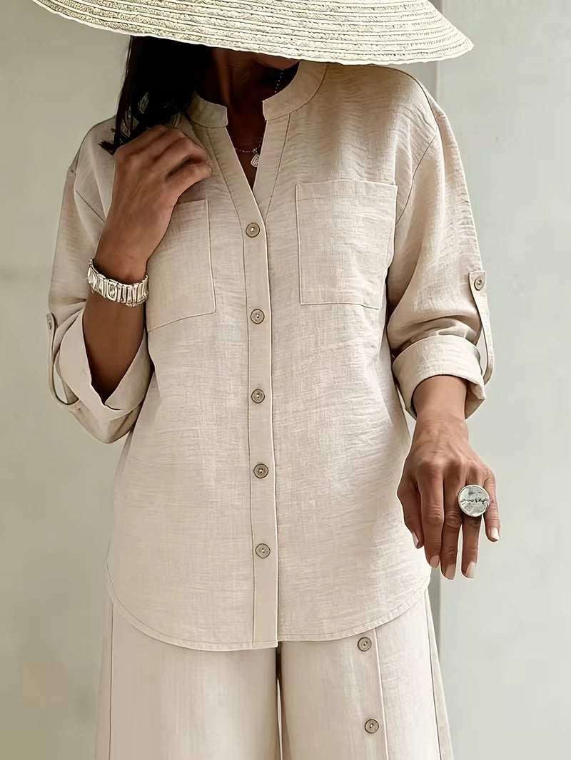 Elegant Lace Back Co-Ord Set – Relaxed Shirt & Wide-Leg Pants for Effortless Style