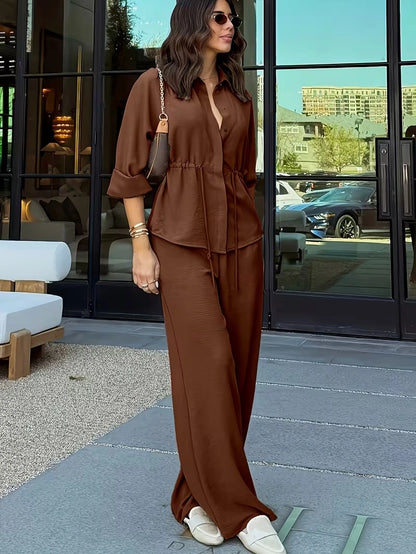 Relaxed Drawstring Co-Ord Set – Lapel Long Sleeve Top & Wide-Leg Pants