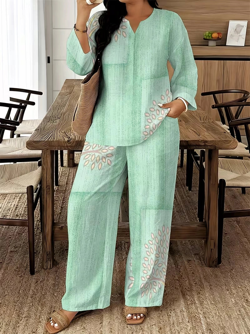 Women's Ethnic Leaf Print Boho Co-Ord Set – Long Sleeve Top & Wide-Leg Pants (2-Piece)
