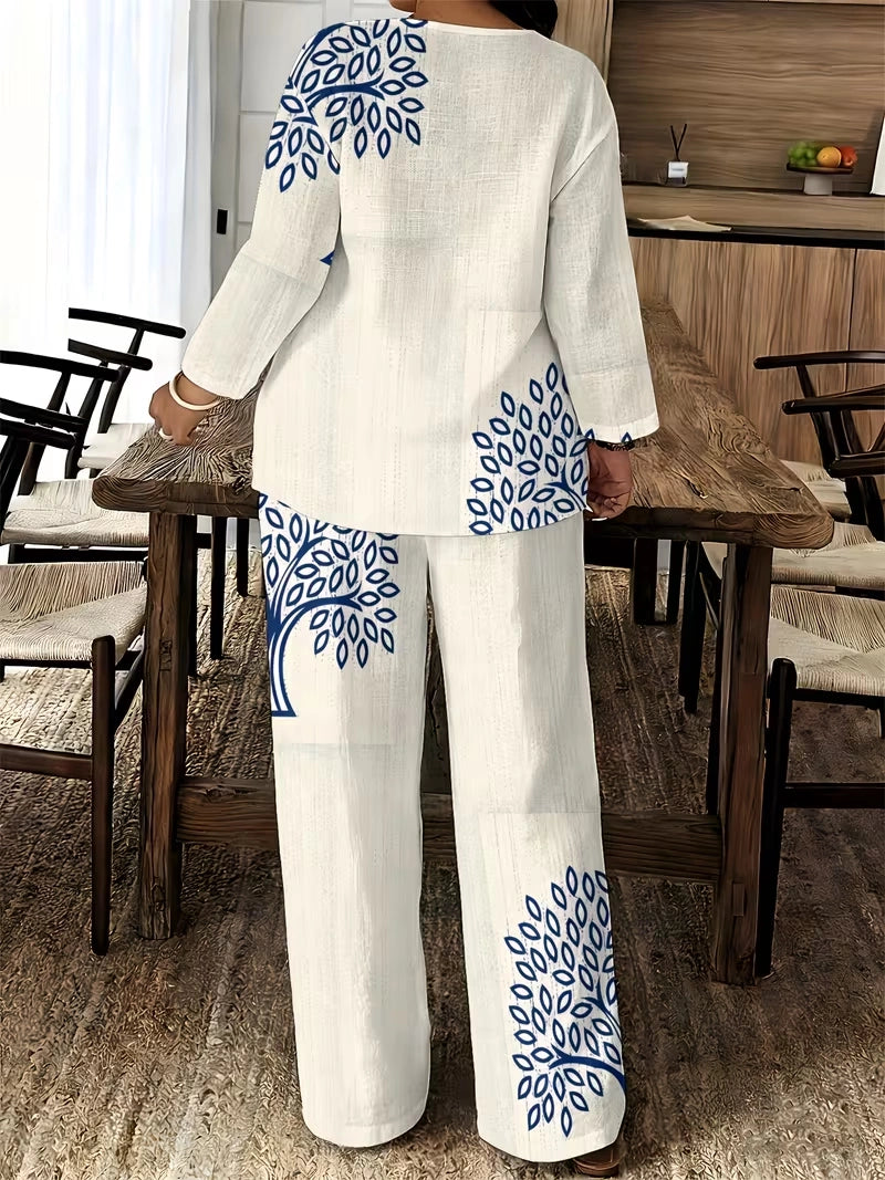 Women's Ethnic Leaf Print Boho Co-Ord Set – Long Sleeve Top & Wide-Leg Pants (2-Piece)
