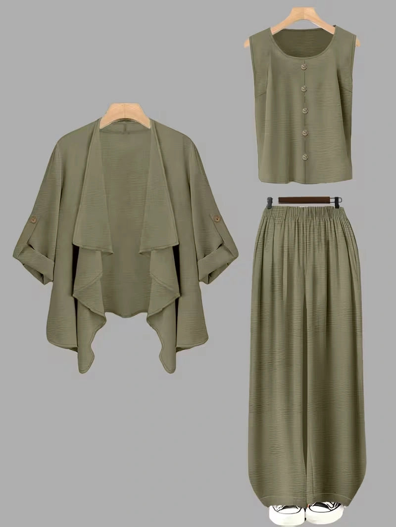 Elegant 3-Piece Co-Ord Set – Cardigan Jacket, Sleeveless Top & Relaxed Pants