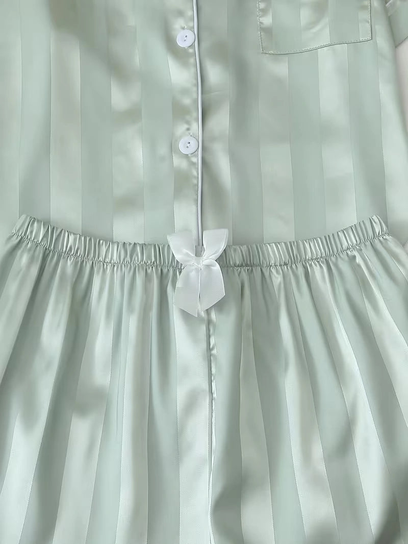 Women's 2-Piece Satin Stripe Pajama Set with Button-Up Shirt & Relaxed Shorts