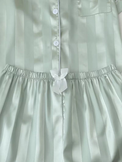 Women's 2-Piece Satin Stripe Pajama Set with Button-Up Shirt & Relaxed Shorts