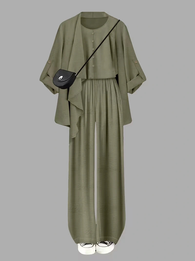 Elegant 3-Piece Co-Ord Set – Cardigan Jacket, Sleeveless Top & Relaxed Pants