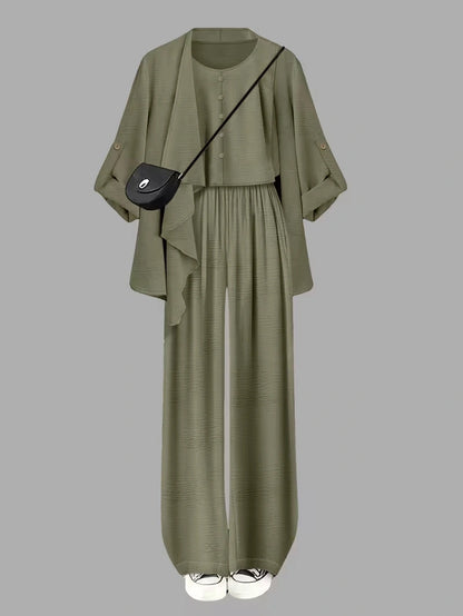 Elegant 3-Piece Co-Ord Set – Cardigan Jacket, Sleeveless Top & Relaxed Pants