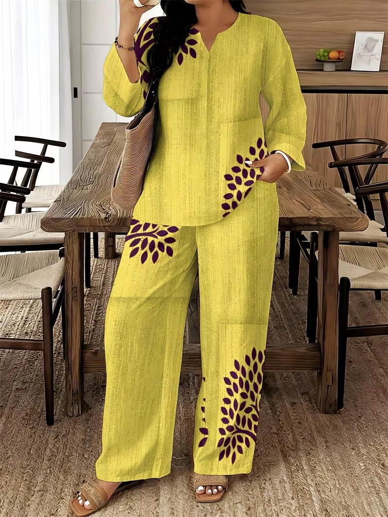 Women's Ethnic Leaf Print Boho Co-Ord Set – Long Sleeve Top & Wide-Leg Pants (2-Piece)