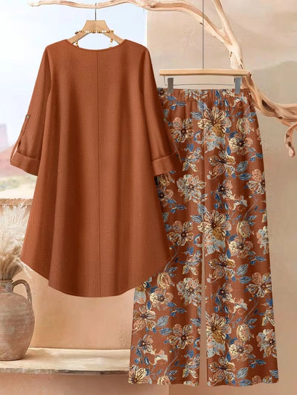 Plus Size Floral Elegance Co-Ord Set with Asymmetrical Tunic & Wide-Leg Pants