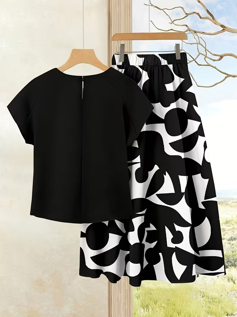 Women's Summer Casual Skirt Co-Ord Set | Solid Top & Printed Skirt 2-Piece Outfit