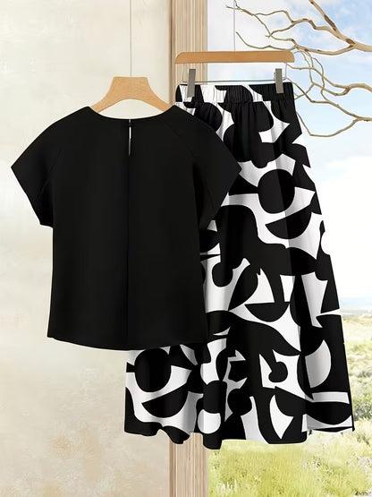 Women's Summer Casual Skirt Co-Ord Set | Solid Top & Printed Skirt 2-Piece Outfit
