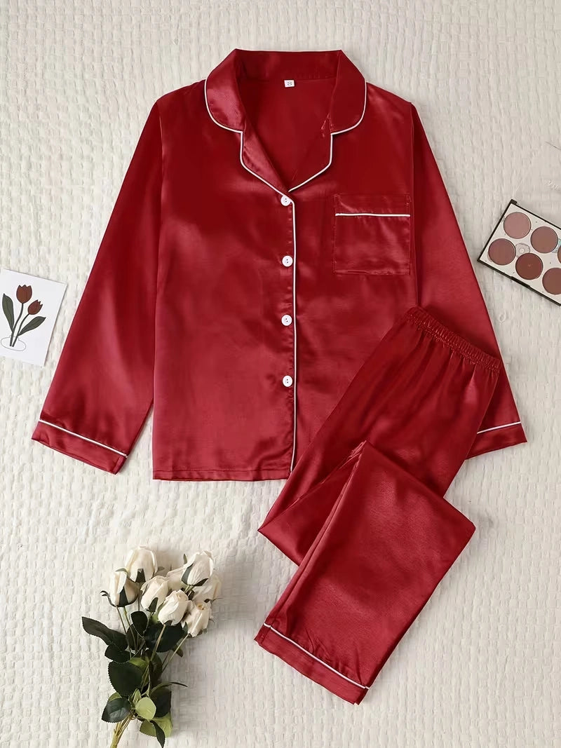 Women's 2-Piece Satin Stripe Pajama Set with Button-Up Shirt & Relaxed Shorts