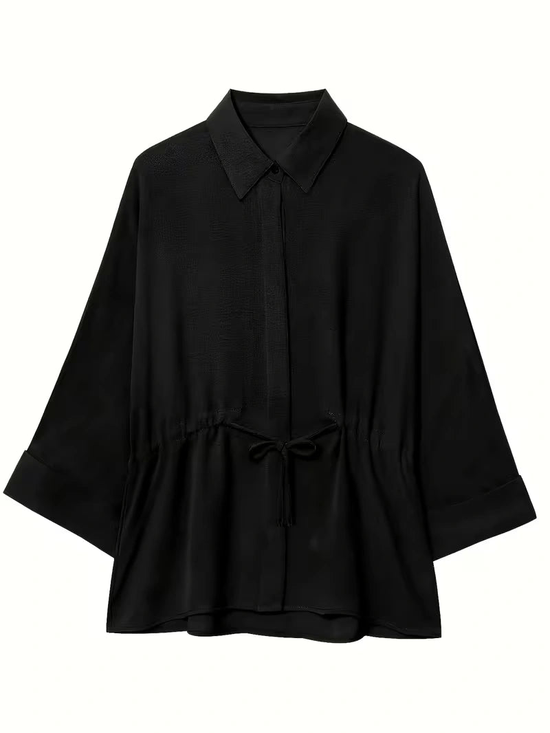 Relaxed Drawstring Co-Ord Set – Lapel Long Sleeve Top & Wide-Leg Pants