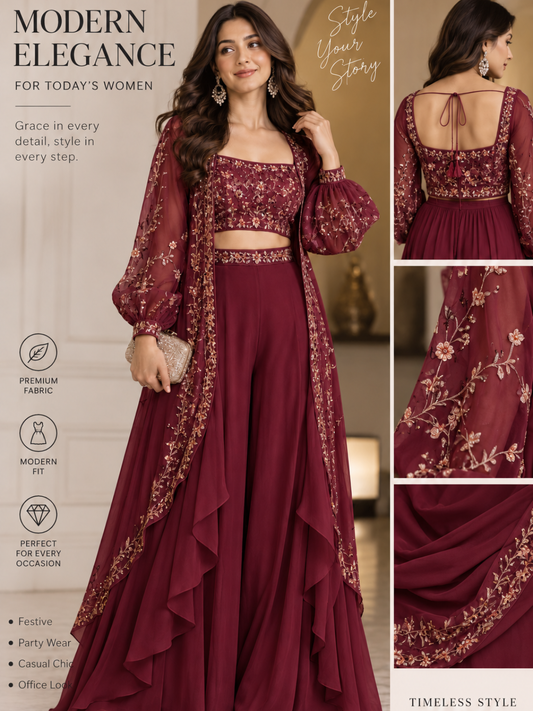 Ivory Luxe Embroidered Cape Palazzo Set | Modern 3-Piece Partywear