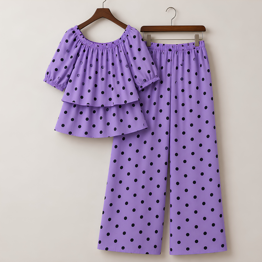 Women's Off-Shoulder Polka Dot Ruffle Top & Wide Leg Pants Co-Ord Set