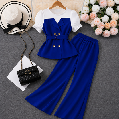 Women's Elegant Puff Sleeve Belted Blazer Top & Wide Leg Pants Co-Ord Set