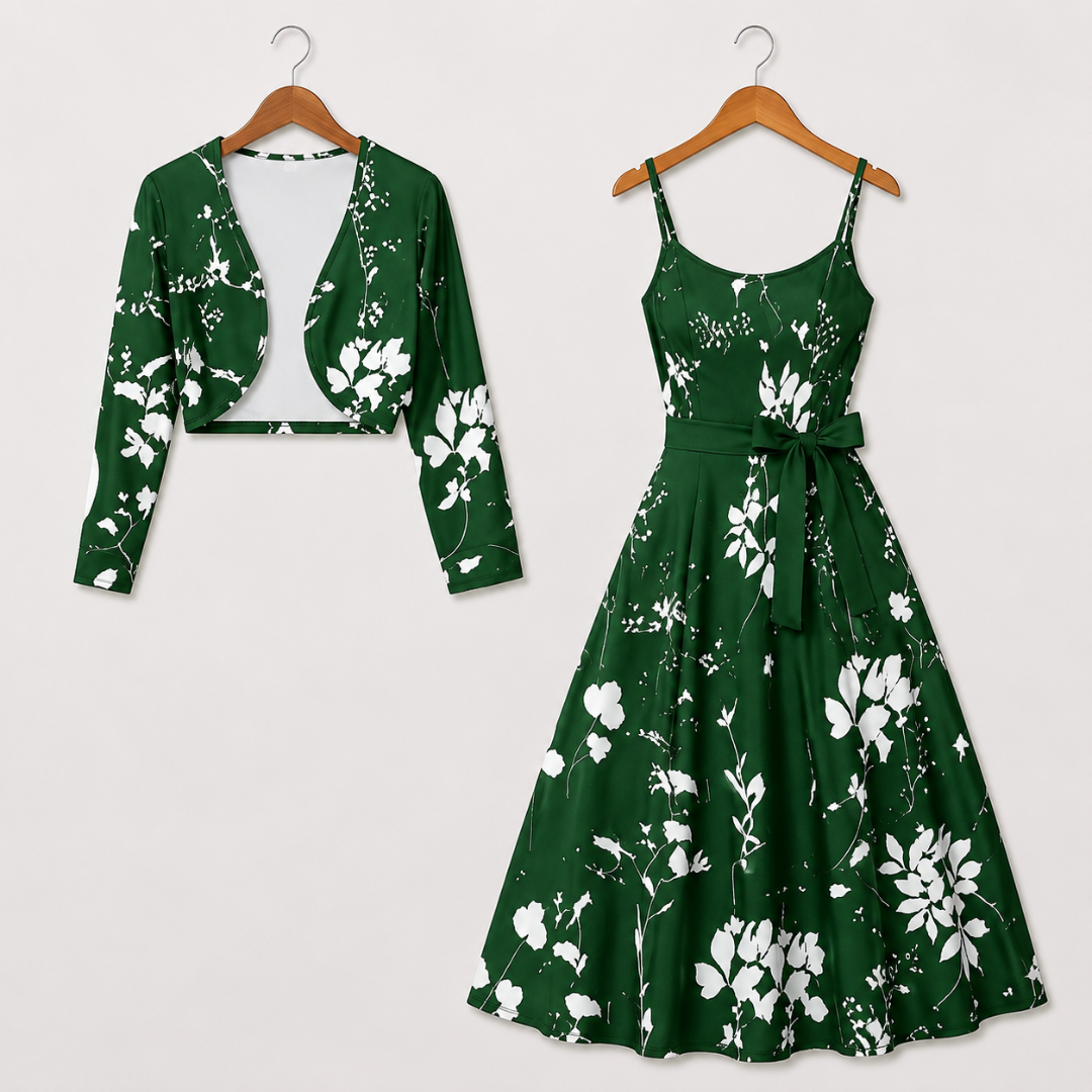 Women's Floral Printed Party Wear Midi Dress with Matching Shrug