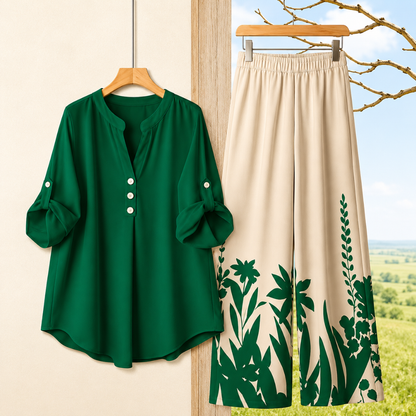 Women's Minimalist Button-Front Tunic Top & Floral Print Wide Leg Pants Co-Ord Set