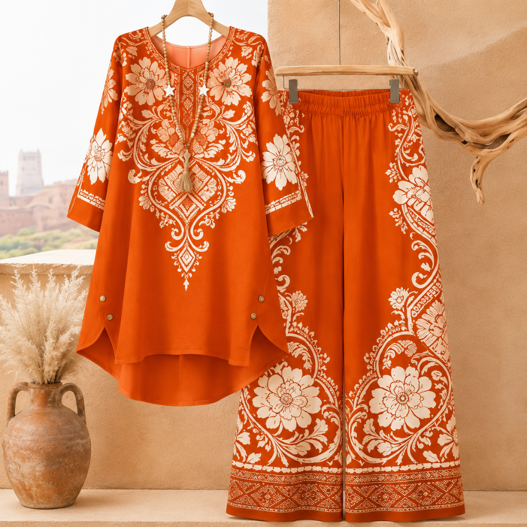 Women's Elegant Floral Printed Long Sleeve Tunic Top & Wide Leg Pants Co-Ord Set