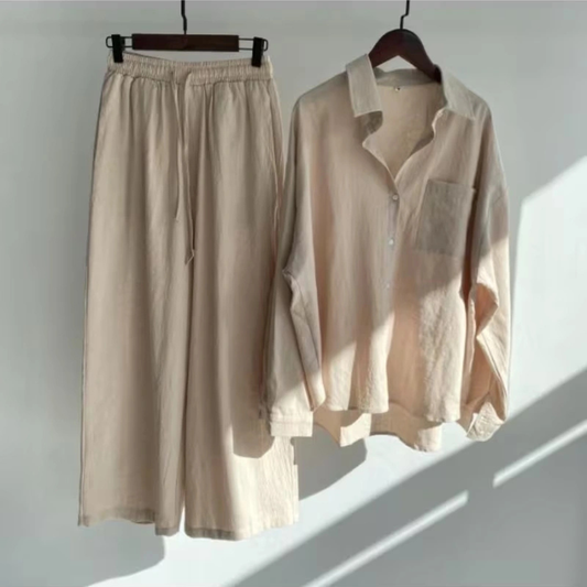 Vintage Chic Oversized Shirt & Wide-Leg Pants Co-Ord Set