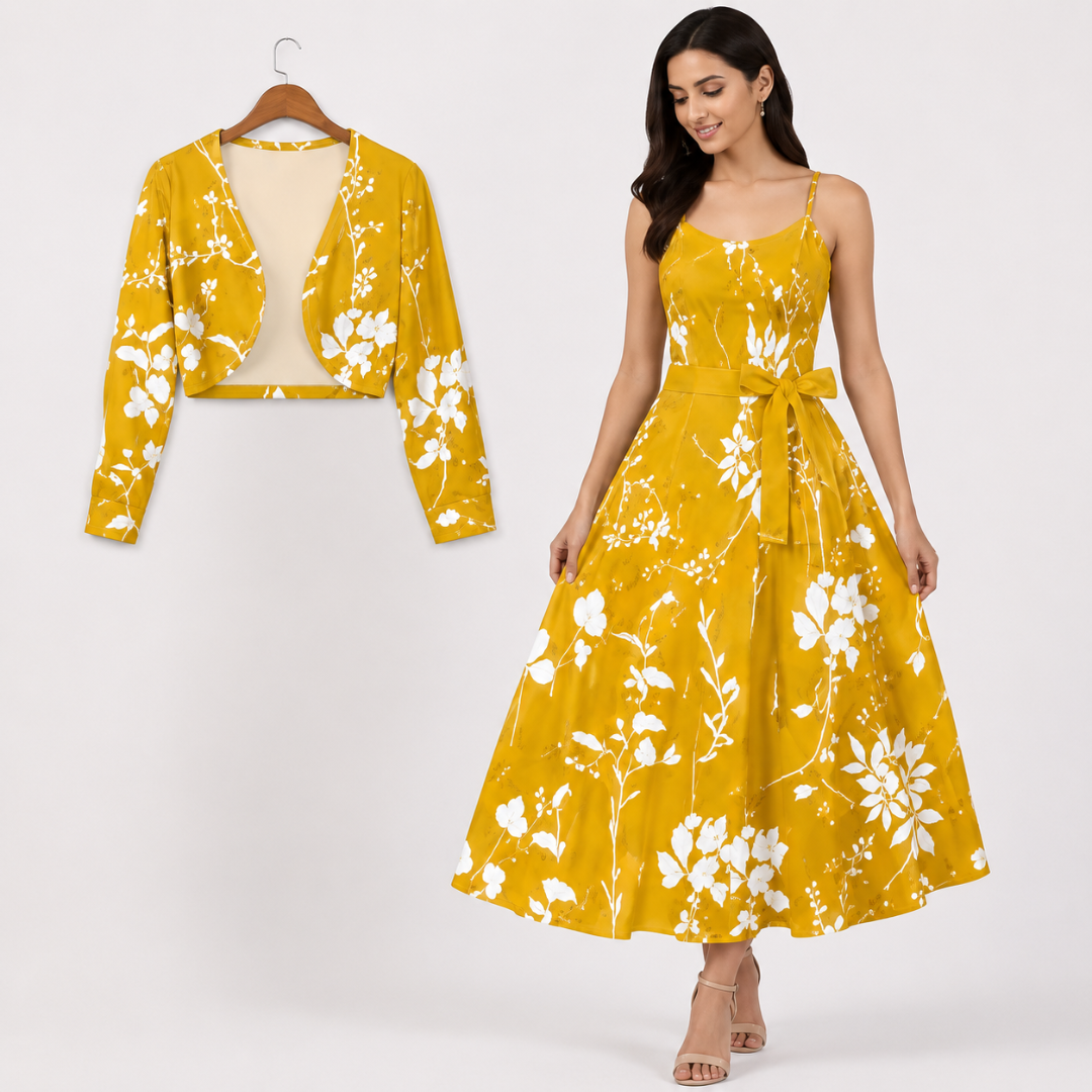 Women's Floral Printed Party Wear Midi Dress with Matching Shrug