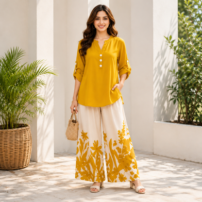 Women's Minimalist Button-Front Tunic Top & Floral Print Wide Leg Pants Co-Ord Set