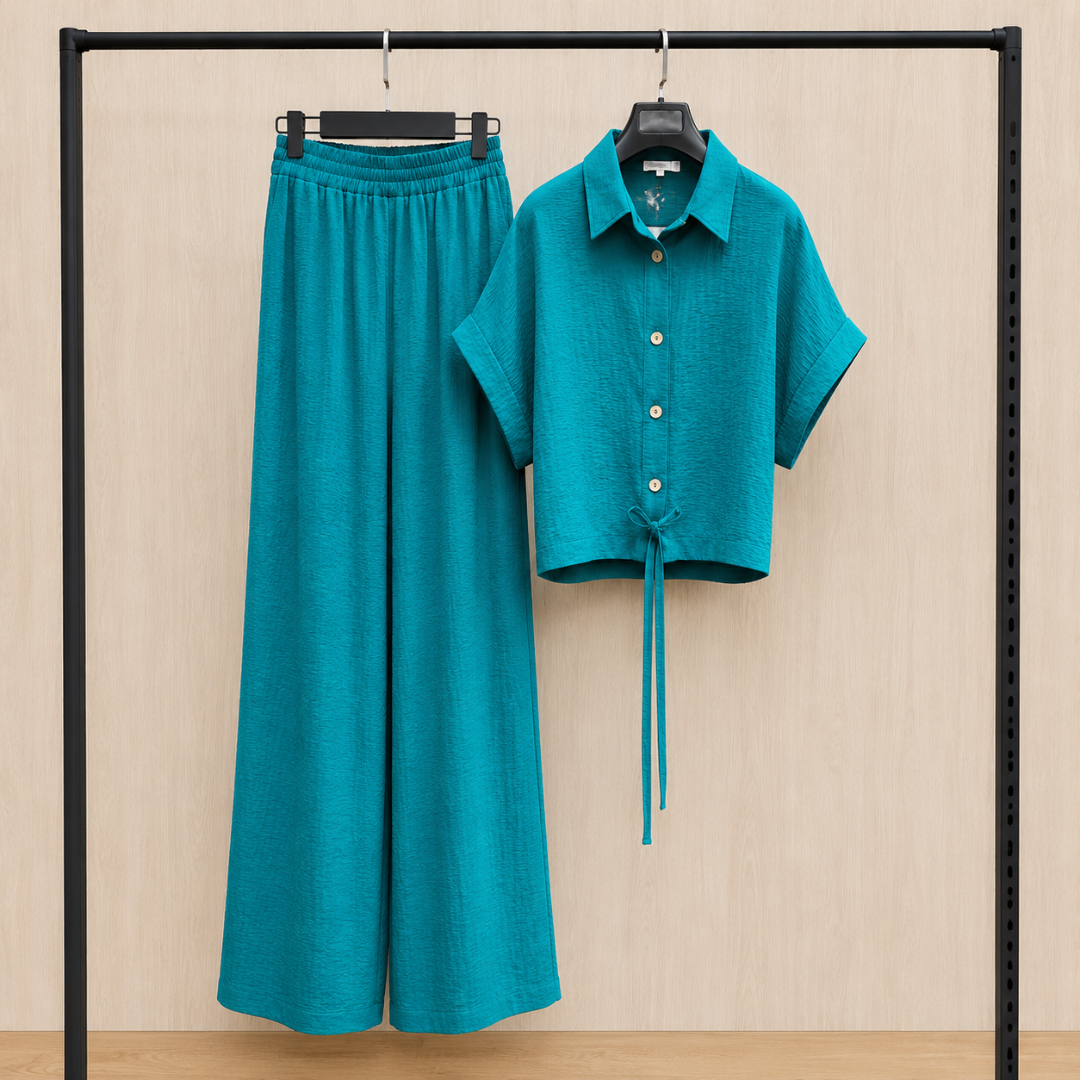 Women's Solid Button-Down Crop Shirt & Wide Leg Pants Co-Ord Set