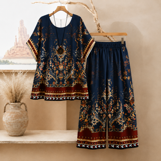 Women's Vintage Floral Print Oversized Top & Wide Leg Pants Co-Ord Set
