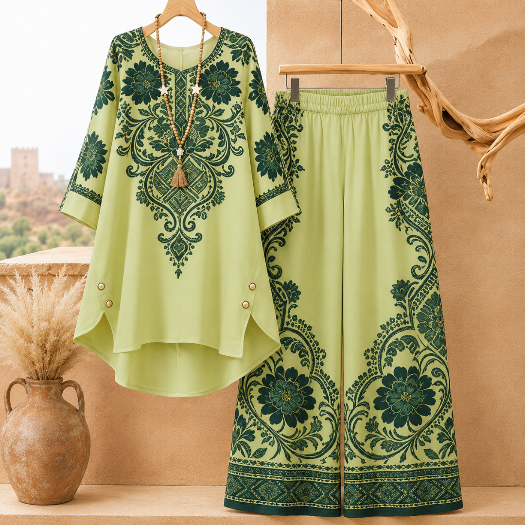 Women's Elegant Floral Printed Long Sleeve Tunic Top & Wide Leg Pants Co-Ord Set