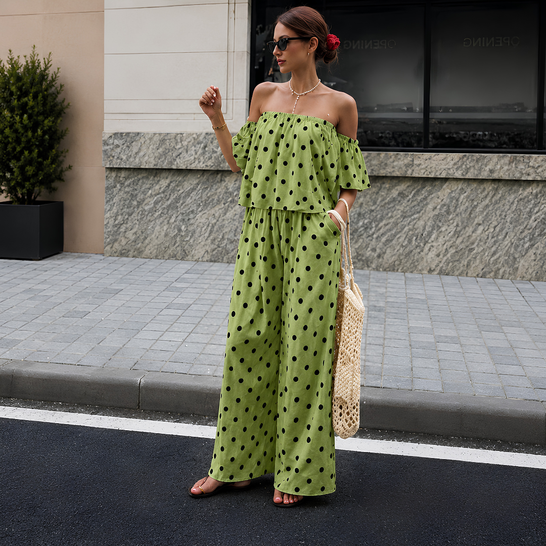Women's Off-Shoulder Polka Dot Ruffle Top & Wide Leg Pants Co-Ord Set
