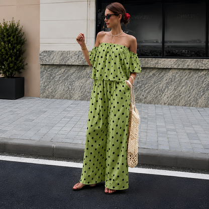 Women's Off-Shoulder Polka Dot Ruffle Top & Wide Leg Pants Co-Ord Set