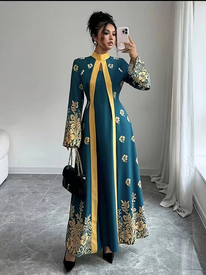 Women's Elegant Floral Print Maxi Dress | Long Sleeve A-Line Party & Evening Dress