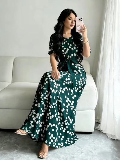 Women's Timeless Polka Dot Midi Dress – Puff Sleeve Belted Fit & Flare Dress