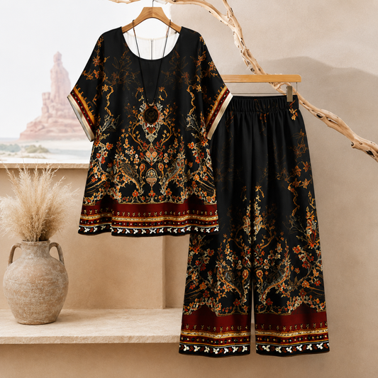 Women's Vintage Floral Print Oversized Top & Wide Leg Pants Co-Ord Set