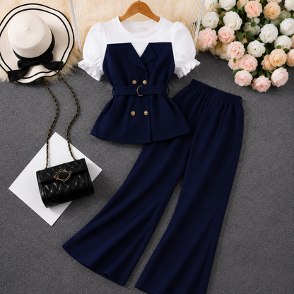 Women's Elegant Puff Sleeve Belted Blazer Top & Wide Leg Pants Co-Ord Set