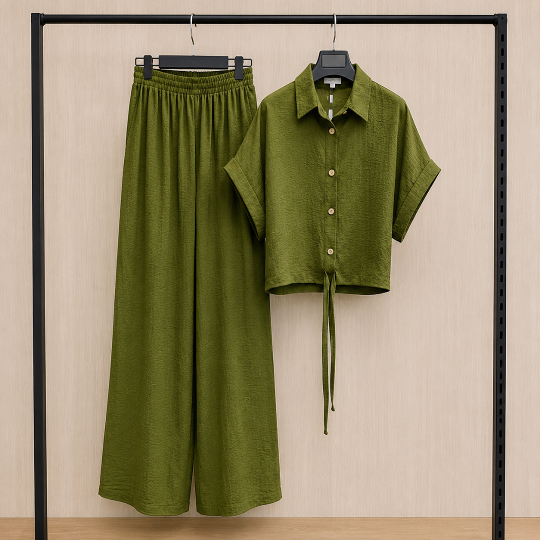 Women's Solid Button-Down Crop Shirt & Wide Leg Pants Co-Ord Set