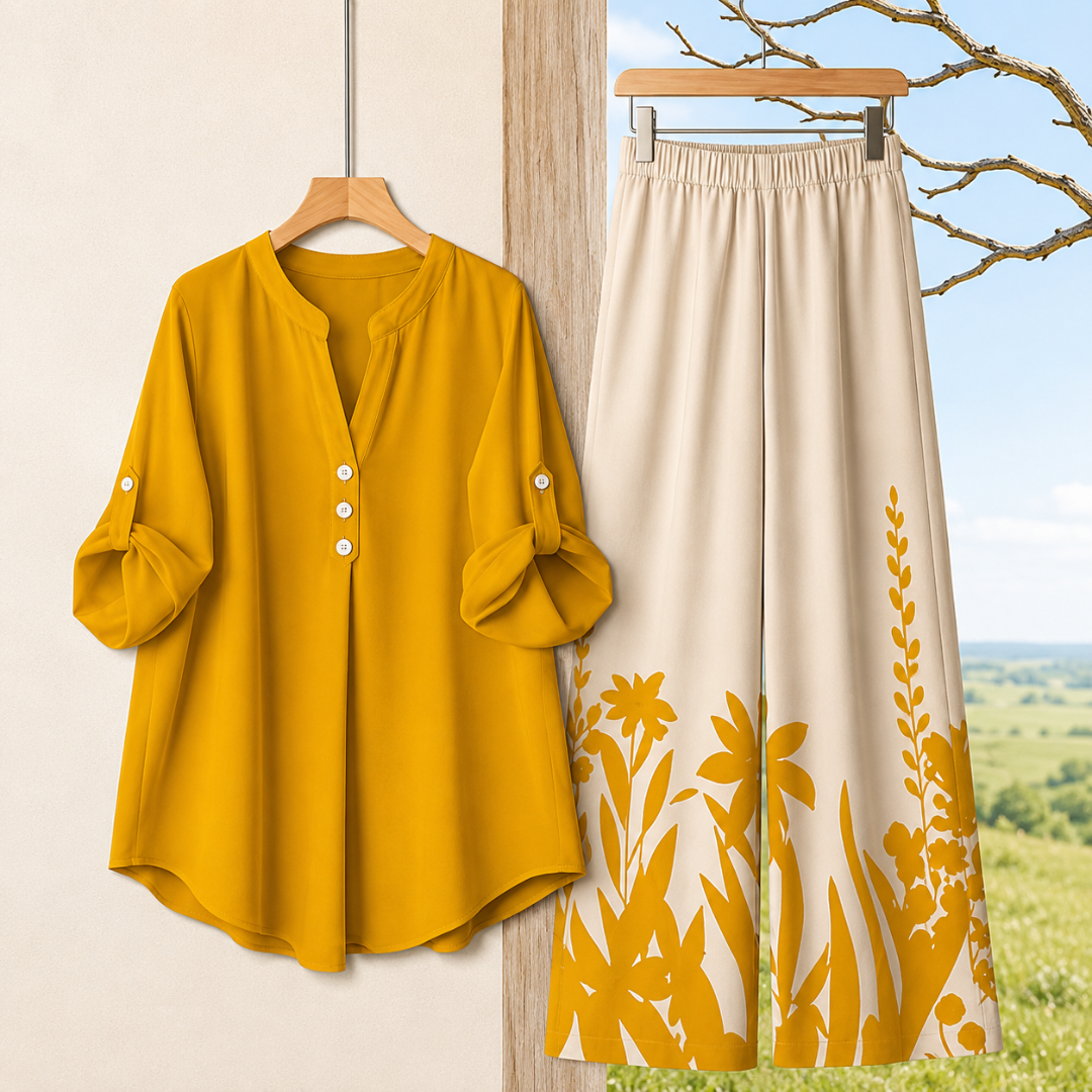 Women's Minimalist Button-Front Tunic Top & Floral Print Wide Leg Pants Co-Ord Set