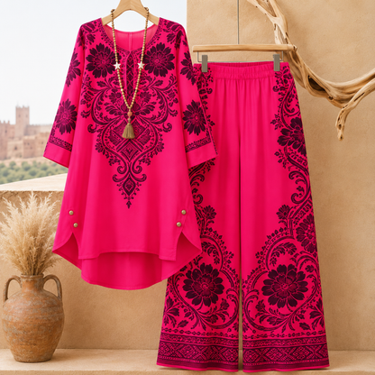 Women's Elegant Floral Printed Long Sleeve Tunic Top & Wide Leg Pants Co-Ord Set