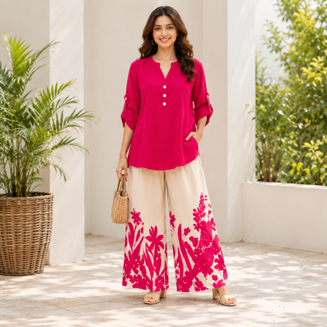 Women's Minimalist Button-Front Tunic Top & Floral Print Wide Leg Pants Co-Ord Set