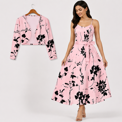 Women's Floral Printed Party Wear Midi Dress with Matching Shrug