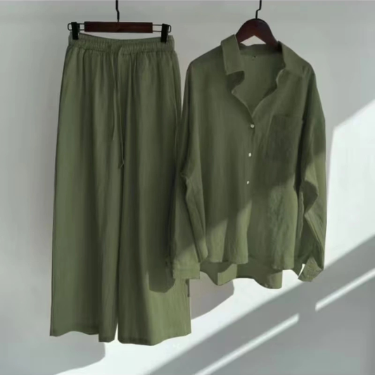 Vintage Chic Oversized Shirt & Wide-Leg Pants Co-Ord Set