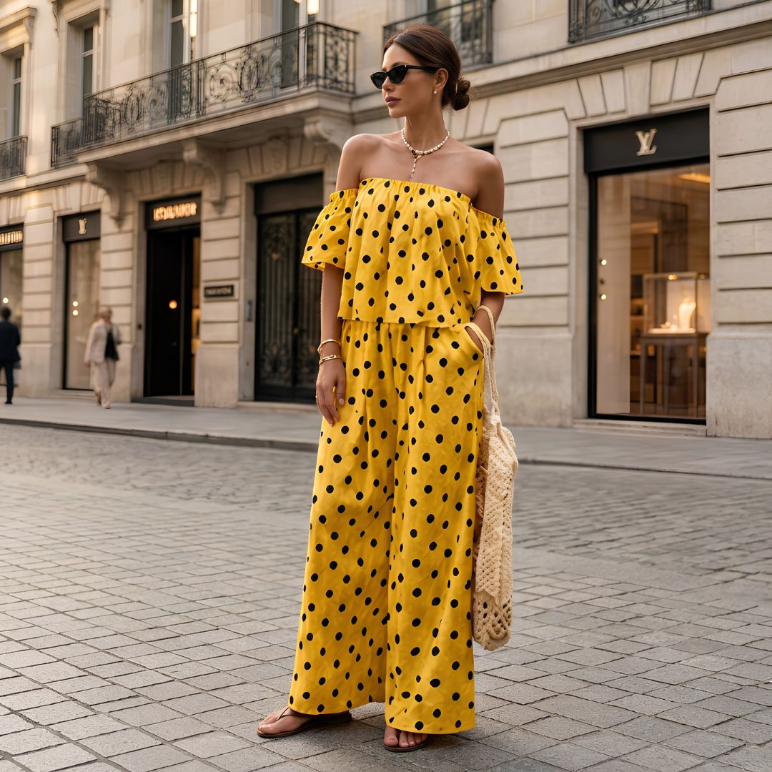 Women's Off-Shoulder Polka Dot Ruffle Top & Wide Leg Pants Co-Ord Set