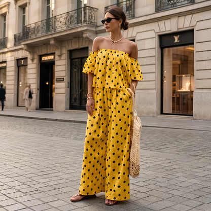 Women's Off-Shoulder Polka Dot Ruffle Top & Wide Leg Pants Co-Ord Set