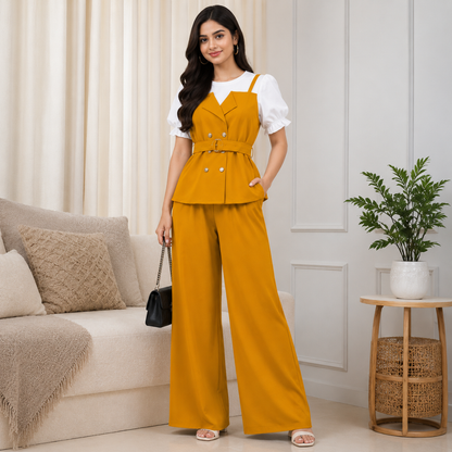 Women's Elegant Puff Sleeve Belted Blazer Top & Wide Leg Pants Co-Ord Set