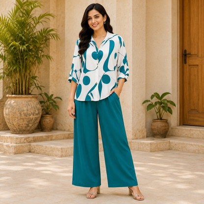 Elegant Abstract Print Shirt & Wide-Leg Pants Set