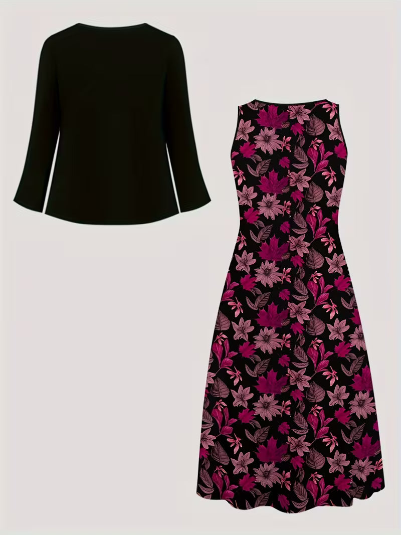 Elegant Floral Print 2-Piece Dress