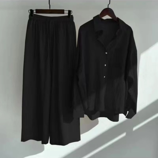 Vintage Chic Oversized Shirt & Wide-Leg Pants Co-Ord Set