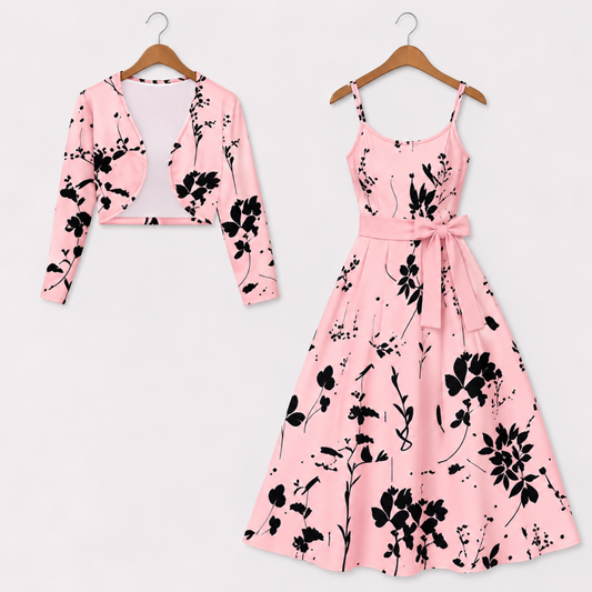 Women's Floral Printed Party Wear Midi Dress with Matching Shrug