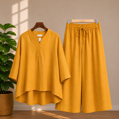 Elegant Black Kaftan Top & Wide-Leg Pants Set