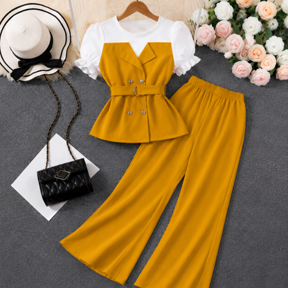 Women's Elegant Puff Sleeve Belted Blazer Top & Wide Leg Pants Co-Ord Set
