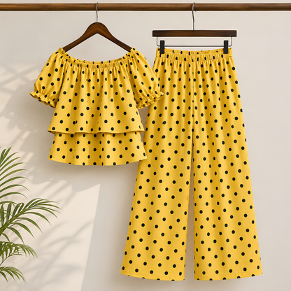 Women's Off-Shoulder Polka Dot Ruffle Top & Wide Leg Pants Co-Ord Set